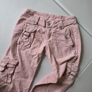 Y2K JOY JEANS Cargo Pants Women 4 Pink Corduroy Bow Pocket Drawstring Low Rise